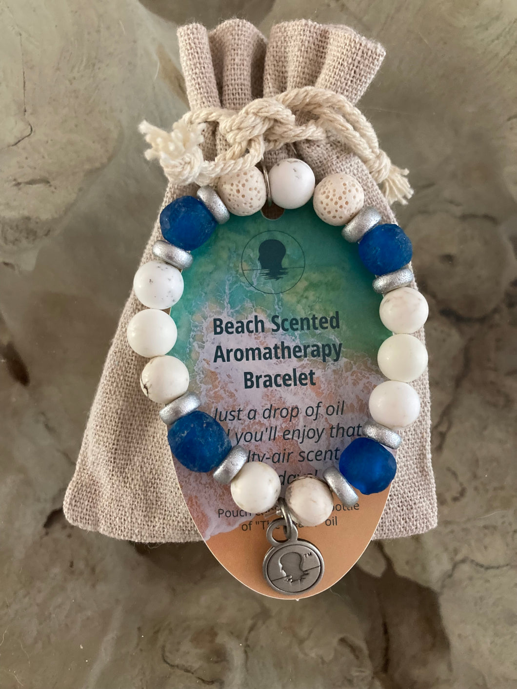 Sea Glass Collection - Ocean Blue - Beach Scented Aromatherapy Bracelet with Silver Accents