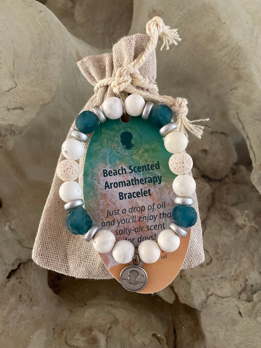 Sea Glass Collection - Teal - Beach Scented Aromatherapy Bracelet with Silver Accents