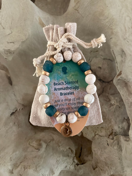 Sea Glass Collection - Teal - Beach Scented Aromatherapy Bracelet with Gold Accents