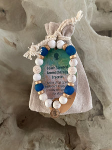 Sea Glass Collection - Ocean Blue - Beach Scented Aromatherapy Bracelet with Gold Accents