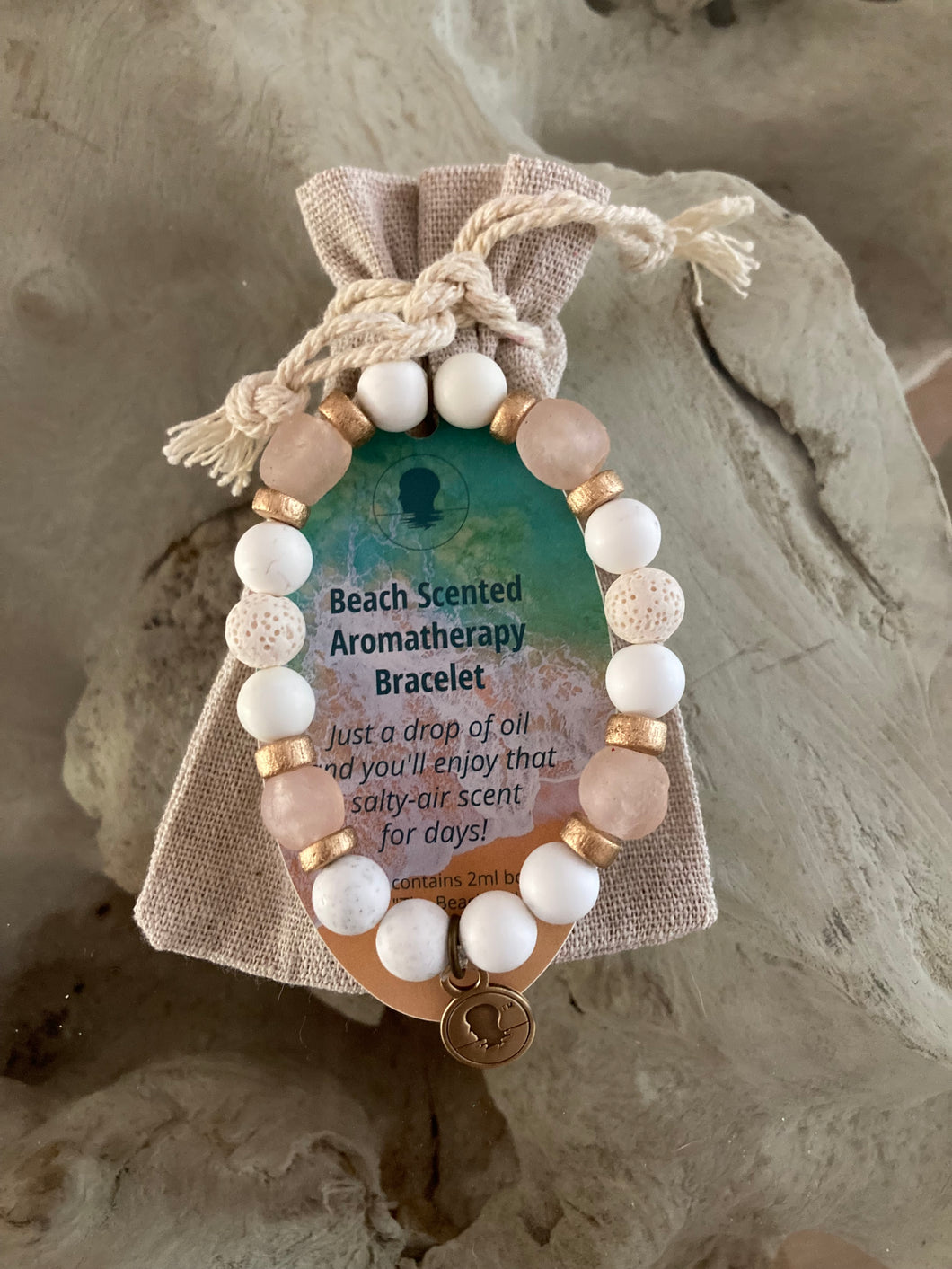 Sea Glass Collection - Rose - Beach Scented Aromatherapy Bracelet with Gold Accents
