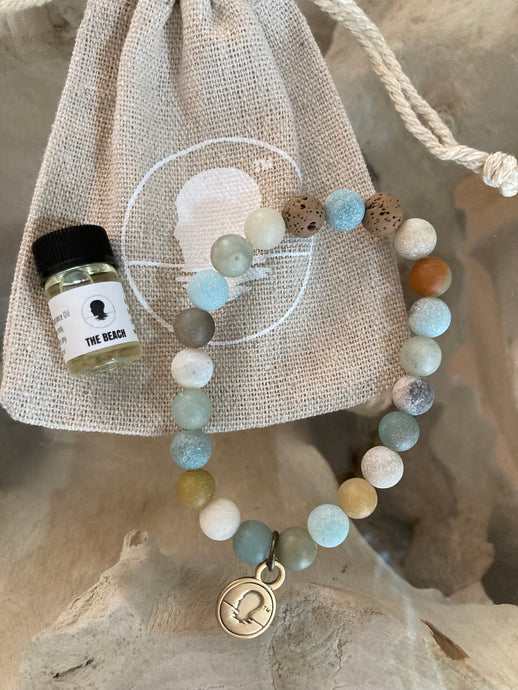 Amazonite Matte Finish Beach Scented Aromatherapy Bracelet - choice of silver or gold charm