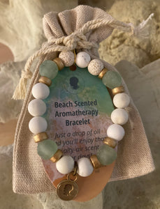 Sea Glass Collection - Sea Green - Beach Scented Aromatherapy Bracelet with Gold Accents