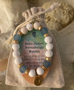 Sea Glass Collection - Blue Storm - Beach Scented Aromatherapy Bracelet with Gold Accents