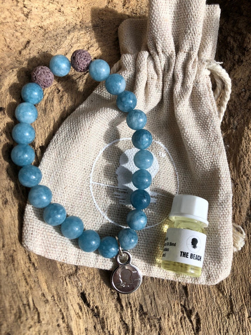 Agate Aquamarine Beach Scented Aromatherapy Bracelet - choice of silver or gold charm