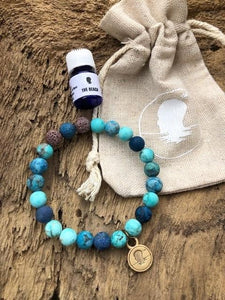 Jasper & Turquoise with Dark Blue Beach Scented Aromatherapy Bracelet - choice of silver or gold charm