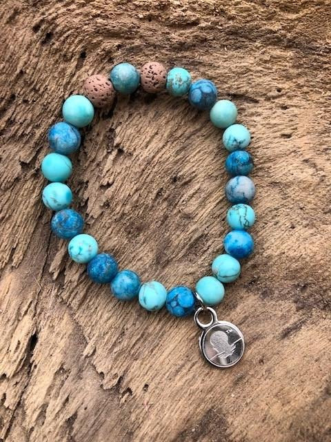 Jasper & Turquoise with Light Blue Beach Scented Aromatherapy Bracelet - choice of silver or gold charm