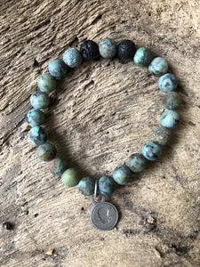 Turquoise African Beach Scented Aromatherapy Bracelet - choice of silver or gold charm