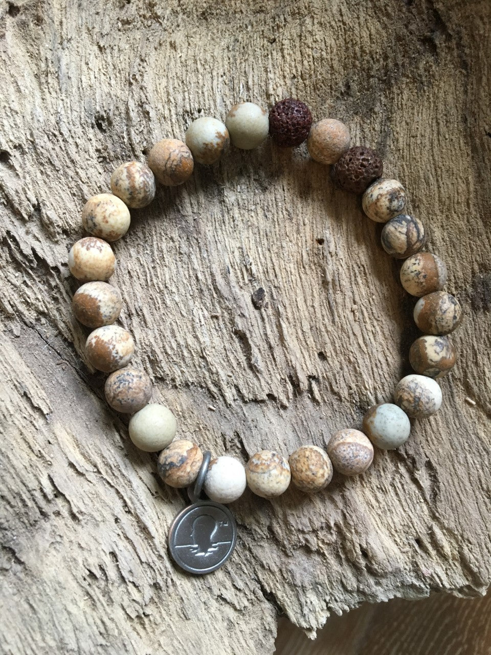 Jasper Brown Picture Beach Scented Aromatherapy Bracelet - choice of silver or gold charm
